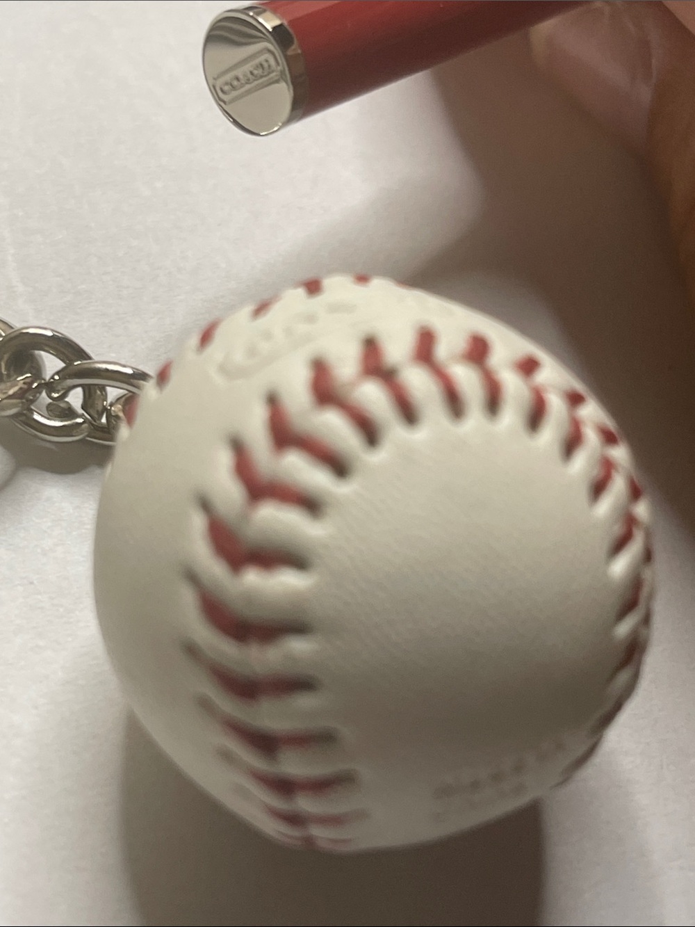 Coach White Leather Baseball Keychain with Red Stitching and Coach Pen - Picture 6 of 7